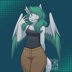 Size: 1080x1080 | Tagged: safe, artist:weirdsketcher, oc, oc only, pegasus, anthro, abstract background, breasts, cleavage, clothes, commission, ear piercing, earring, female, jewelry, looking at you, piercing, sleeveless, smiling, solo, tank top