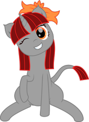 Size: 2192x2999 | Tagged: safe, oc, oc only, hybrid, pony, unicorn, bow, colt, femboy, high res, leonine tail, looking at you, male, one eye closed, simple background, sitting, transparent background, wink