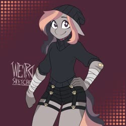 Size: 1080x1080 | Tagged: safe, artist:weirdsketcher, oc, oc only, anthro, abstract background, bandage, bandaid, beanie, belt, clothes, collar, commission, female, floppy ears, hat, looking at you, shorts, smiling, solo, stripes, sweater