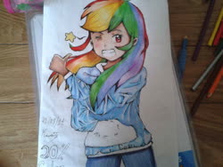 Size: 1280x960 | Tagged: safe, artist:カワイ-, rainbow dash, human, g4, 20% cooler, female, humanized, one eye closed, solo, stars, traditional art, wink