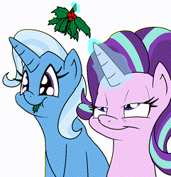 Size: 914x950 | Tagged: safe, artist:bennimarru, starlight glimmer, trixie, pony, unicorn, g4, christmas, colored, done with your shit, eating, female, flat colors, herbivore, holiday, holly, holly mistaken for mistletoe, leaf, lesbian, magic, magic aura, ship:startrix, shipping, simple background, this will end in death, this will end in gulag, this will end in tears, this will end in tears and/or death, transparent background