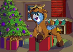 Size: 1280x905 | Tagged: safe, artist:littletigressda, oc, oc only, pegasus, pony, christmas, christmas stocking, christmas tree, fire, fireplace, holiday, present, solo, tree, window
