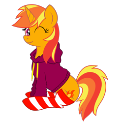 Size: 5000x5000 | Tagged: safe, artist:ricky_mckim, oc, oc only, oc:ricky, pony, unicorn, clothes, female, hoodie, looking at you, mare, one eye closed, original art, original character do not steal, simple background, sitting, smiling, socks, striped socks, transparent background