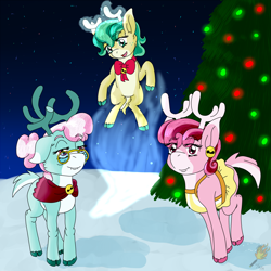 Size: 1900x1900 | Tagged: safe, artist:midnightfire1222, alice the reindeer, aurora the reindeer, bori the reindeer, deer, reindeer, best gift ever, g4, christmas, deer magic, flying, group, hearth's warming eve, hearth's warming tree, holiday, magic, night, night sky, sky, snow, tree, trio