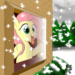 Size: 500x500 | Tagged: safe, artist:tomtornados, fluttershy, pegasus, pony, g4, animated, behaving like a dog, breathing, christmas, excited, female, flutterdog, gif, holiday, licking window, snow, snowfall, solo, tree, window