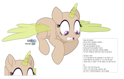 Size: 2500x1592 | Tagged: safe, artist:doraair, oc, oc only, alicorn, pony, alicorn oc, bald, base, flying, horn, looking down, scared, simple background, solo, text, transparent background