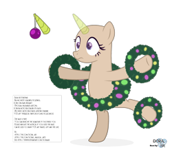 Size: 2500x2213 | Tagged: safe, artist:doraair, oc, oc only, pony, unicorn, balancing, bald, base, bauble, christmas, christmas wreath, high res, holiday, horn, horn jewelry, jewelry, simple background, solo, text, transparent background, unicorn oc, wide eyes, wreath