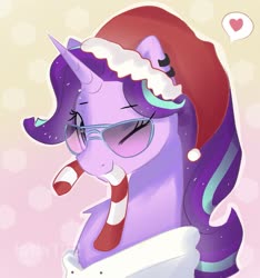 Size: 1101x1178 | Tagged: safe, artist:latia122, starlight glimmer, pony, unicorn, g4, candy, candy cane, chest fluff, christmas, cute, ear piercing, earring, female, food, glimmerbetes, hat, heart, holiday, jewelry, looking at you, mare, mouth hold, one eye closed, pictogram, piercing, santa hat, solo, sunglasses, wink