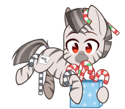 Size: 2000x1750 | Tagged: safe, artist:higglytownhero, oc, oc only, oc:mcmiag, pony, zebra, box, candy, candy cane, chibi, christmas, cute, food, holiday, red eyes, simple background, solo, sticky note, transparent background