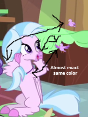 Size: 176x235 | Tagged: safe, artist:gooeybird, edit, edited screencap, screencap, silverstream, bird, hippogriff, g4, teacher of the month (episode), spoiler:interseason shorts, 1000 hours in ms paint, animal, arrow, cropped, female, hand on face, happy, ironic, looking at something, open mouth, say what, sitting, solo, why
