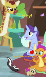 Size: 220x365 | Tagged: safe, edit, edited screencap, screencap, clementine, november rain, smolder, yona, dragon, giraffe, pony, skunk, unicorn, g4, interseason shorts, teacher of the month (episode), animal, bedroom eyes, chat, cropped, cuddle time, cute, female, friendship student, heart, looking at each other, male, paused moment, perfect timing, shocked expression