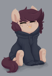 Size: 1908x2758 | Tagged: safe, artist:pucksterv, oc, oc only, oc:slumber tea, pony, clothes, eyes closed, hoodie, simple background, sitting, solo