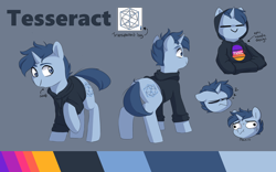 Size: 1920x1195 | Tagged: safe, artist:pucksterv, oc, oc only, oc:tesseract, pony, unicorn, clothes, commission, faic, hoodie, onomatopoeia, panic, rear view, reference sheet, sleeping, solo, sound effects, tired, zzz