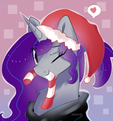 Size: 1101x1178 | Tagged: safe, artist:latia122, oc, oc only, oc:krya, pony, unicorn, candy, candy cane, christmas, clothes, female, food, heart, holiday, hoodie, looking at you, mare, mouth hold, one eye closed, solo, wink, ych result