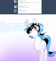 Size: 1280x1412 | Tagged: safe, artist:ask-bluethorn, oc, oc only, oc:blue thorn, pony, unicorn, ask, curved horn, female, gradient background, horn, mare, solo, tumblr