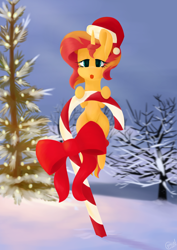 Size: 1600x2259 | Tagged: safe, artist:alicorn-without-horn, sunset shimmer, pony, unicorn, g4, candy, candy cane, christmas, christmas tree, female, food, hat, holiday, santa hat, snow, solo, tree
