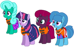 Size: 1282x826 | Tagged: safe, artist:徐詩珮, fizzlepop berrytwist, glitter drops, spring rain, tempest shadow, twilight sparkle, alicorn, pony, unicorn, series:sprglitemplight diary, series:sprglitemplight life jacket days, series:springshadowdrops diary, series:springshadowdrops life jacket days, g4, alternate universe, base used, bisexual, broken horn, clothes, cute, equestria girls outfit, female, glitterbetes, horn, lesbian, lifeguard, lifeguard spring rain, lifejacket, polyamory, ship:glitterlight, ship:glittershadow, ship:sprglitemplight, ship:springdrops, ship:springlight, ship:springshadow, ship:springshadowdrops, ship:tempestlight, shipping, simple background, springbetes, swimsuit, tempestbetes, transparent background, twilight sparkle (alicorn)