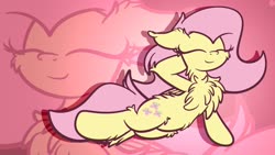 Size: 1920x1081 | Tagged: dead source, safe, artist:php142, fluttershy, pegasus, pony, g4, cheek fluff, chest fluff, cute, eyes closed, female, floppy ears, fluffy, folded wings, leaning, leg fluff, mare, on side, pose, shyabetes, smiling, solo, wings, zoom layer