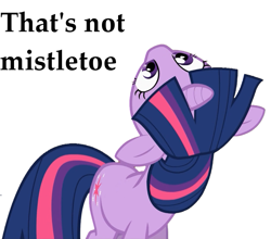 Size: 617x544 | Tagged: safe, twilight sparkle, pony, g4, the crystal empire, caption, female, holly, holly mistaken for mistletoe, image macro, looking up, meme, meta, reaction image, solo, text, that's not friendship