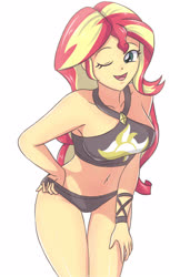 Size: 1399x2283 | Tagged: safe, artist:sumin6301, sunset shimmer, equestria girls, adorasexy, belly button, bikini, breasts, busty sunset shimmer, clothes, cute, female, one eye closed, open mouth, sexy, shimmerbetes, simple background, solo, stupid sexy sunset shimmer, summer sunset, swimsuit, white background, wink