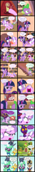 Size: 2000x9847 | Tagged: safe, artist:magerblutooth, diamond tiara, filthy rich, spike, twilight sparkle, oc, oc:aunt spoiled, oc:dazzle, oc:il, oc:peal, alicorn, cat, dragon, earth pony, imp, pony, comic:diamond and dazzle, g4, book, bookshelf, butt, comic, female, filly, fluttershy's cottage, foal, golden oaks library, ladder, male, mare, tongue out, twilight sparkle (alicorn)