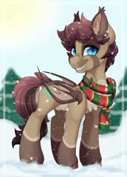 Size: 1920x2678 | Tagged: safe, artist:pvrii, oc, oc only, oc:cinnamon crisp, bat pony, pony, christmas, clothes, holiday, male, scarf, solo, stallion