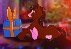 Size: 1459x1000 | Tagged: safe, artist:sunny way, oc, oc only, earth pony, pony, christmas, christmas tree, happy, holiday, male, new year, open mouth, present, smiling, solo, stallion, tree