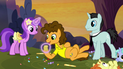 Size: 1920x1080 | Tagged: safe, screencap, amethyst star, bruce mane, cheese sandwich, indian summer, lilac ice, sparkler, earth pony, pony, unicorn, g4, the last laugh, background pony, bits, clothes, female, filly, flower, flower in hair, glowing horn, horn, magic, magic aura, male, mare, necktie, on back, race swap, saddle, skirt, stallion, tack, unicornified