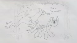 Size: 4032x2268 | Tagged: safe, artist:parclytaxel, oc, oc only, oc:parcly taxel, oc:spindle, alicorn, pony, windigo, ain't never had friends like us, albumin flask, parcly taxel in japan, alicorn oc, americamura, female, floating, force field, horn, ice, japan, lineart, mare, monochrome, osaka, pencil drawing, rain, running, story included, traditional art, windigo oc