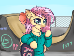 Size: 3000x2250 | Tagged: safe, artist:lakunae, fluttershy, pegasus, pony, semi-anthro, g4, arm hooves, bow, bubblegum, clothes, cute, cute little fangs, cyrillic, fangs, female, food, gum, high res, hoodie, mare, shyabetes, skateboard, teenager