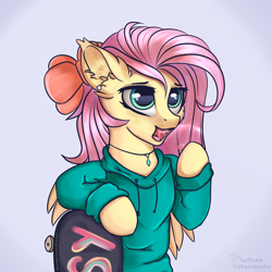Size: 2200x2200 | Tagged: safe, alternate version, artist:lakunae, fluttershy, pegasus, pony, semi-anthro, g4, arm hooves, bow, bubblegum, clothes, cute, cute little fangs, cyrillic, fangs, female, food, gum, high res, hoodie, mare, simple background, skateboard, teenager