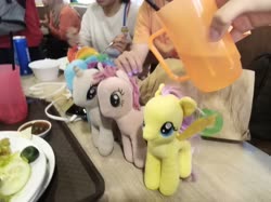 Size: 4032x3016 | Tagged: safe, photographer:horsesplease, fluttershy, pinkie pie, rainbow dash, rarity, g4, comic fiesta, cup, imminent bath, malaysia, water