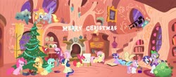 Size: 3087x1358 | Tagged: safe, artist:alanshimuratyli, apple bloom, applejack, big macintosh, bon bon, cheerilee, derpy hooves, fluttershy, lyra heartstrings, pinkie pie, rainbow dash, rarity, scootaloo, spike, sweetie belle, sweetie drops, twilight sparkle, dragon, earth pony, pegasus, pony, unicorn, g4, book, christmas, christmas tree, clothes, cutie mark crusaders, dragons riding ponies, female, filly, golden oaks library, holiday, male, mane seven, mane six, mare, present, riding, ship:sparity, shipping, socks, spike riding rarity, stallion, straight, striped socks, telescope, tree