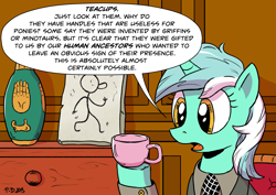 Size: 2047x1447 | Tagged: safe, artist:pony-berserker, lyra heartstrings, pony, unicorn, g4, ancient aliens, chair, clothes, cup, giorgio a. tsoukalos, humie, i can't believe it's not idw, necktie, slab, speech bubble, suit, teacup, that pony sure does love humans, vase