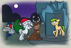 Size: 1280x868 | Tagged: safe, artist:cadetredshirt, oc, oc only, crystal pony, dog, earth pony, pony, unicorn, angry, antlers, caroling, christmas, christmas tree, collar, furious, hat, holiday, mailbox, moon, night, reindeer antlers, santa hat, singing, sitting, smiling, stars, tree