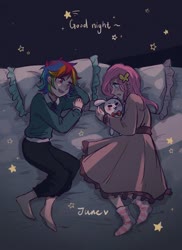 Size: 746x1024 | Tagged: safe, artist:laochi777, fluttershy, rainbow dash, human, g4, bed, female, humanized, lesbian, pillow, plushie, ship:flutterdash, shipping, text