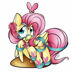 Size: 4096x4096 | Tagged: safe, artist:taurson, artist:tawnysweet, fluttershy, pegasus, pony, g4, bridle, carousel, collaboration, cute, female, flower, flower in hair, harness, hoof shoes, looking at you, mare, peytral, raised hoof, ribbon, shyabetes, simple background, solo, tack, turned head, white background
