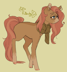 Size: 1279x1385 | Tagged: safe, artist:nerdt0pia, fluttershy, earth pony, pony, g4, alternate design, alternate universe, blank flank, clothes, colored hooves, ear fluff, earth pony fluttershy, female, fluttershy (g5 concept leak), g5 concept leaks, glasses, looking at something, mare, markings, name, race swap, redesign, round glasses, scarf, simple background, solo, standing, three quarter view