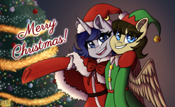 Size: 5894x3607 | Tagged: safe, artist:tyna, oc, oc only, oc:chance mccoy, oc:moonlit silver, pegasus, pony, unicorn, christmas, christmas tree, clothes, commission, costume, duo, female, hat, holiday, santa costume, santa hat, tree, ych result
