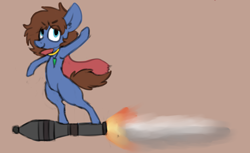 Size: 2836x1732 | Tagged: safe, artist:claudearts, oc, oc only, oc:bizarre song, pegasus, pony, broken horn, cape, clothes, horn, jewelry, looking at you, messy mane, necklace, riding a bomb, rocket, rocket surfing, simple background, smiling, solo, team fortress 2, this will end in pain, video game, waving