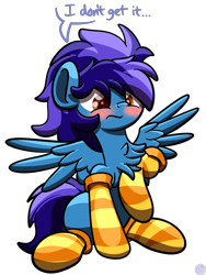 Size: 1536x2048 | Tagged: dead source, safe, artist:php142, oc, oc only, pegasus, pony, blushing, chest fluff, clothes, cute, male, simple background, socks, solo, stallion, striped socks, transparent background
