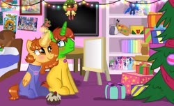 Size: 1024x623 | Tagged: safe, artist:doraeartdreams-aspy, oc, oc:aspen, oc:ryan, alicorn, pony, alicorn oc, base used, blushing, bodysuit, catsuit, christmas, christmas lights, christmas tree, couple, cute, hearth's warming, hippie, holiday, holly, holly mistaken for mistletoe, horn, jewelry, latex, latex suit, love, necklace, peace suit, peace symbol, plushie, romantic, rubber suit, ryspen, tree