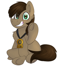 Size: 1943x2160 | Tagged: safe, oc, oc only, oc:paper trail, pegasus, pony, 2020 community collab, derpibooru community collaboration, badge, male, simple background, sitting, smiling, solo, transparent background, waving