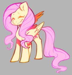 Size: 655x682 | Tagged: safe, artist:kilo, fluttershy, pegasus, pony, g4, cute, eyes closed, female, gray background, mare, shyabetes, simple background, smiling, solo, standing, three quarter view, wings