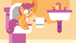 Size: 1280x720 | Tagged: source needed, useless source url, safe, alternate version, artist:natasha106, scootaloo, pony, g4, 1000 years in photoshop, bladder, but why, implied pissing, implied pooping, potty time, sink, sitting on toilet, taking a dump, toilet, toilet paper roll