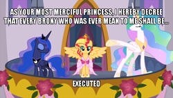 Size: 700x394 | Tagged: safe, artist:xebck, edit, edited screencap, screencap, princess celestia, princess luna, sunset shimmer, alicorn, pony, equestria girls, g4, magical mystery cure, the last problem, alicornified, alternate universe, big crown thingy, caption, clothes, coronation dress, crown, cute, dress, element of magic, female, front, grimcute, implied execution, irony, jewelry, looking at you, mare, race swap, regalia, shimmerbetes, shimmercorn, smiling, tiara, vanellope von schweetz, wreck-it ralph