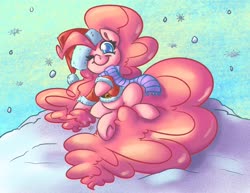 Size: 2048x1583 | Tagged: safe, artist:leadhooves, pinkie pie, earth pony, pony, g4, christmas, clothes, colored pupils, costume, cute, diapinkes, female, holiday, impossibly large tail, looking at you, mare, one eye closed, santa claus, santa costume, scarf, sitting, smiling, snow, snowfall, solo, wink, winter