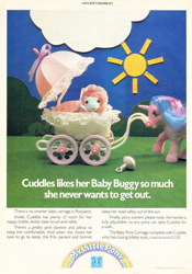 Size: 500x715 | Tagged: safe, baby cuddles, buttons (g1), g1, official, advertisement, baby buggy, irl, photo, sun, text, toy