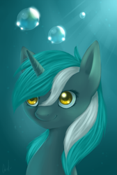Size: 805x1199 | Tagged: safe, artist:ls_skylight, lyra heartstrings, pony, unicorn, g4, bubble, crepuscular rays, female, horn, smiling, solo, underwater, water, yellow eyes