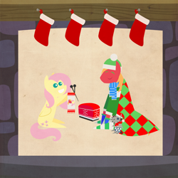 Size: 2000x2000 | Tagged: safe, anonymous artist, big macintosh, fluttershy, smarty pants, pony, series:12 days of hearth's warming, series:fm holidays, g4, blanket, border, christmas, christmas stocking, clothes, dexterous hooves, eyes closed, female, fireplace, hat, hearth's warming, high res, holiday, hoof hold, knitting, knitting needles, male, mittens, pointy ponies, santa hat, scarf, ship:fluttermac, shipping, sitting, smiling, socks, straight, sweater, texture, toaster, toaster cozy, twelve days of christmas